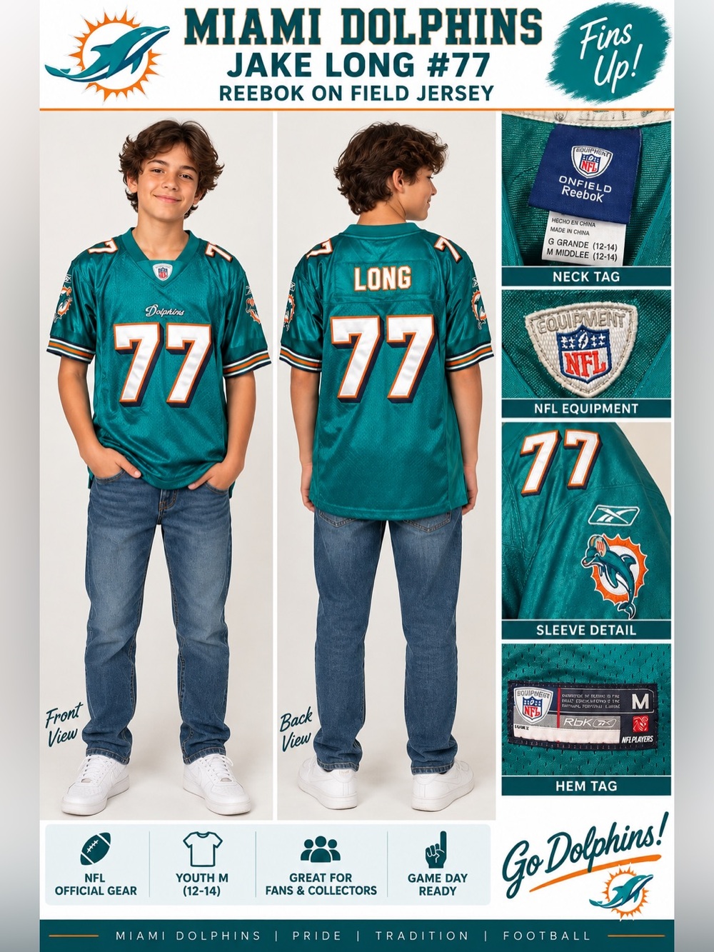 Miami Dolphins Jake Long #77 Reebok On Field NFL Football Jersey Youth M 12-14